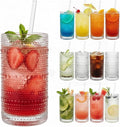 12-Piece Hobnail Drinking Glasses Set, 12 oz Large Vintage Highball Glassware with Straws, Heavy Textured Beaded Tall Tumblers for Water, Juice, Soda & Cocktails, Clear Retro Barware, Dishwasher Safe