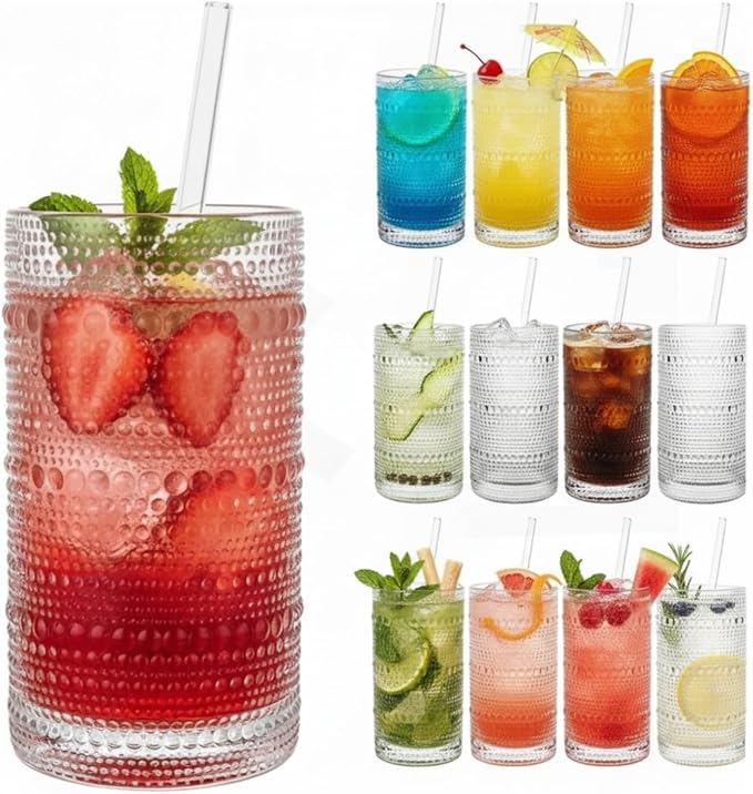 12-Piece Hobnail Drinking Glasses Set, 12 oz Large Vintage Highball Glassware with Straws, Heavy Textured Beaded Tall Tumblers for Water, Juice, Soda & Cocktails, Clear Retro Barware, Dishwasher Safe