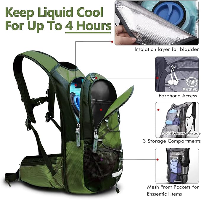Mothybot Hydration Pack, Insulated Hydration Backpack with 2L BPA Free Water Bladder and Storage, Hiking Backpack for Men, Women, Kids for Running, Cycling, Camping - Keep Liquid Cool up to 5 Hours