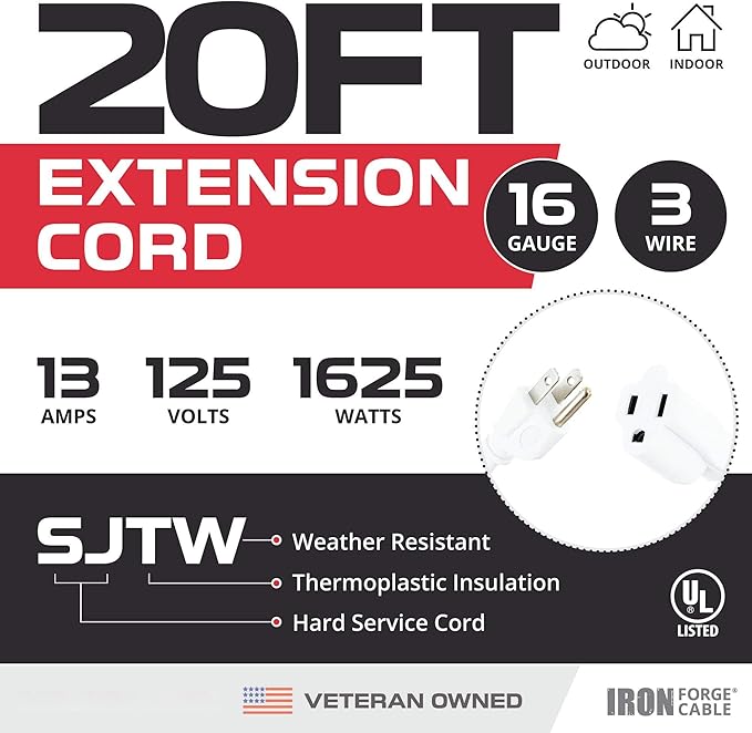 Iron Forge Cable 2 Pack Weatherproof 20 Ft Outdoor Extension Cord - 16/3 SJTW Heavy Duty White Extension Cord 3 Prong - 13 Amp Exterior Power Cable