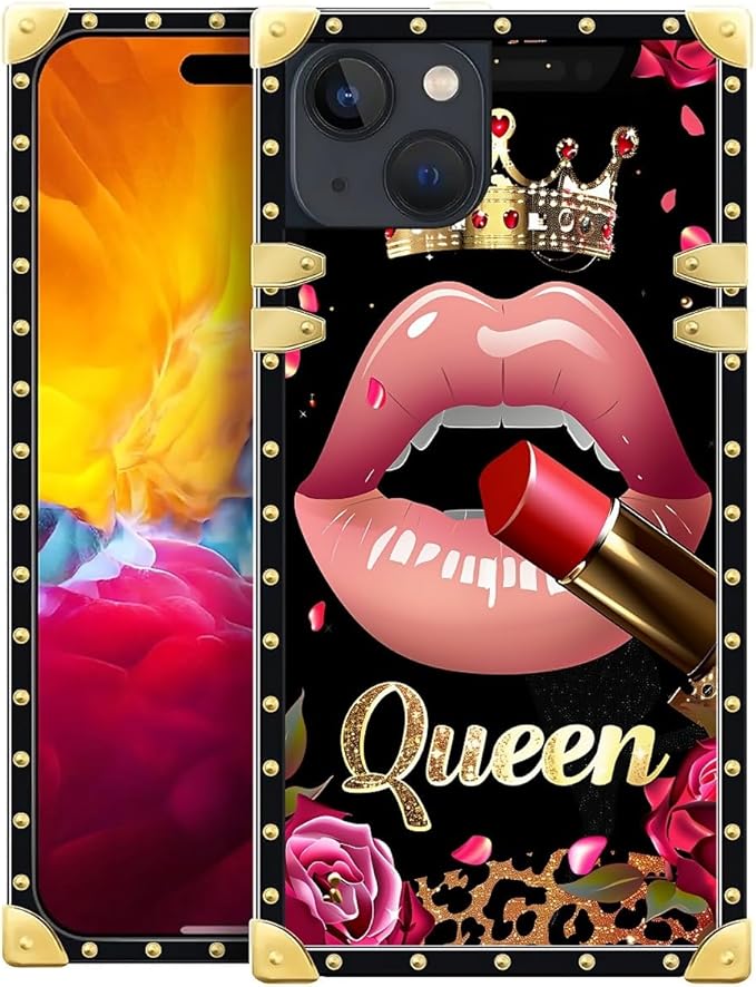 Compatible with iPhone 15 Case, Glitter Red Rose Queen Leopard Lipstick Luxury Golden Decoration for Girl Women Soft TPU Shockproof Protective Hard PC Back for iPhone 15