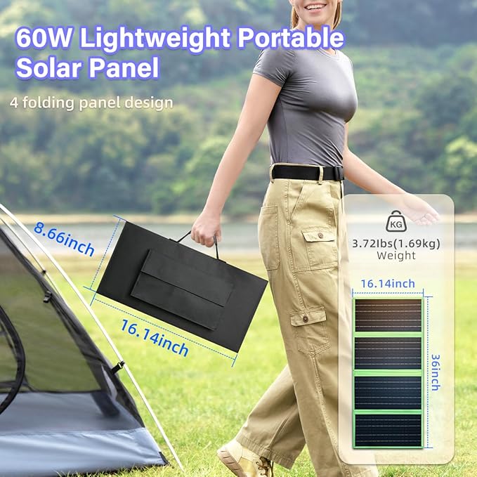 New Tech 60W Portable Solar Panel Charger with USB C, USB A and DC Ports, Outdoor IP67 Waterproof Flodable Solar Charger for Camping, Hiking, Backpacking, High Efficiency Fast Charging