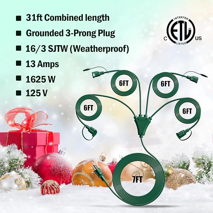 Eversimpleinc 1 to 4 Splitter Extension Cord (Combined 31 FT, End to End 13 FT), 3 Prong Plug with 4 Extended Outlets, with Weatherproof Covers for Indoor