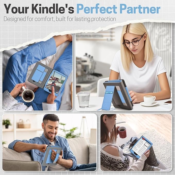 TNP Stand Case with Strap for Kindle Paperwhite 12th Gen 2024 / Kindle Colorsoft Signature Edition - 7" PU Leather Protective Folio Cover with Auto Wake/Sleep & Card Slot, Denim Blue