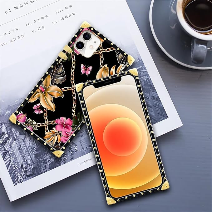 Compatible with iPhone 11 Case, Pink Golden Chain Tropical Flower Luxury Golden Decoration for Girl Women Soft TPU Shockproof Protective Hard PC Back for iPhone 11
