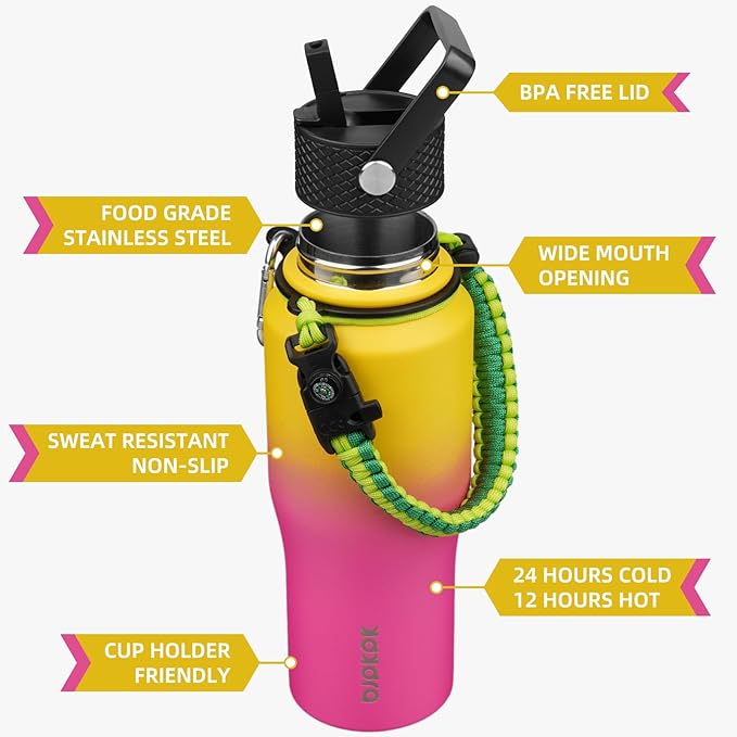 BJPKPK Insulated Water Bottles with Straw Lid, 23oz Metal Water Bottle with 2 lids & Paracord Strap, Double Wall Stainless Steel Vacuum Tumblers, Cups,Thermo for Hot& Cold Drinks, Pink & Yellow Rose