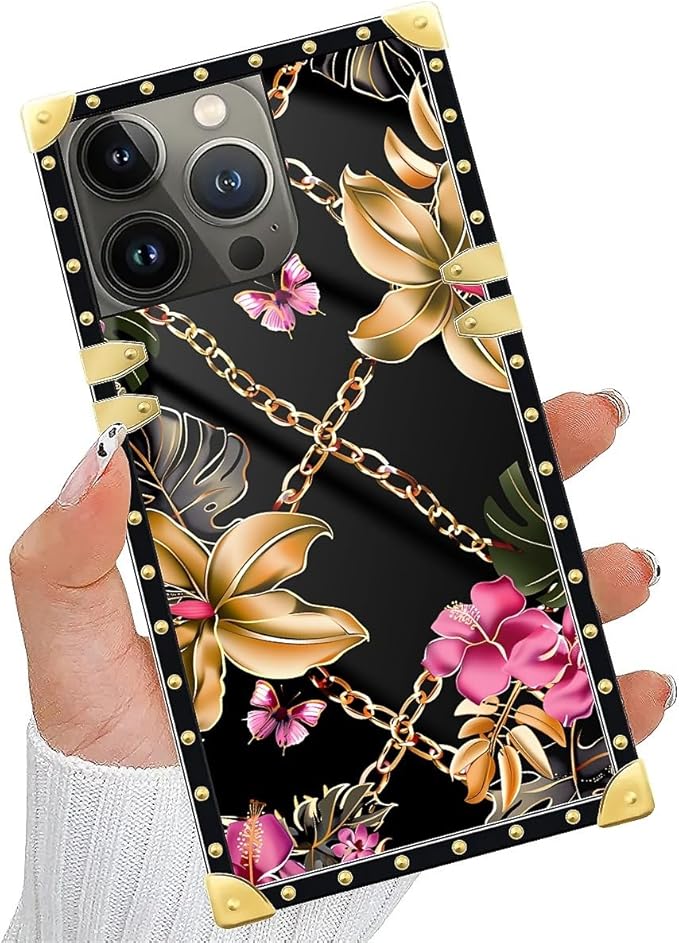 Compatible with iPhone 15 Pro Max Case, Pink Golden Chain Tropical Flower Luxury Golden Decoration for Girl Women Soft TPU Shockproof Protective Hard PC Back for iPhone 15 Pro Max