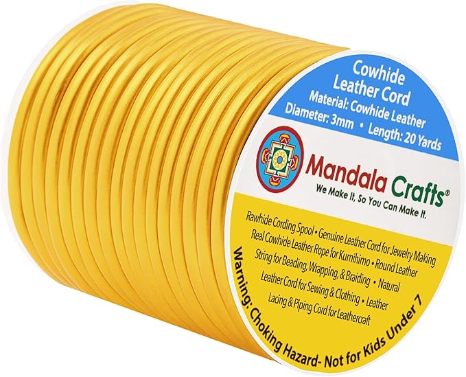 Mandala Crafts Round Genuine Gold Leather Cord for Jewelry Making – 3mm Cowhide Leather Rope String Lace for Kumihimo – 20 Yards Cowhide Craft Cording Spool