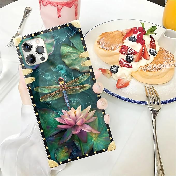 Compatible with iPhone 12 Pro Max Case, Colourful Dragonfly Pink Lily Pads Luxury Golden Decoration for Girl Women Soft TPU Shockproof Protective Hard PC Back for iPhone 12 Pro Max