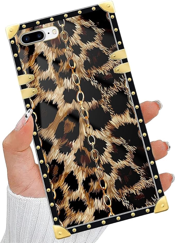 Compatible with iPhone 8 Plus 7 Plus Case, Seamless Gold Chain Leopard Luxury Golden Decoration for Girl Women Soft TPU Shockproof Protective Hard PC Back for iPhone 8 Plus 7 Plus