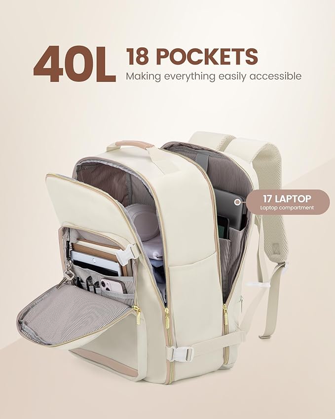 LOVEVOOK Travel Backpack for Women & Men 40L,Airline Approved Carry On Backpack Travel Essential,TSA Carry on Luggage,Waterproof Personal Item Travel Bag,Suitcase with 3 Packing Cube,Beige-Flesh beige