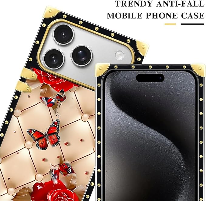 For iPhone 17 Pro Max Case Luxury Golden Decoration For Girl Women Soft TPU Shockproof Protective Hard PC Back For iPhone 17 Pro Max Crazy Pattern Shining Red Rose Butterfly Leather Background