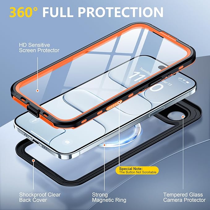 Red2Fire for iPhone Air Case Waterproof, [Built-in Screen Protector & Camera Protector][Compatible with MagSafe][Full Body Shockproof][IP68 Waterproof][Dustproof] Phone Case 6.5" Orange/Clear