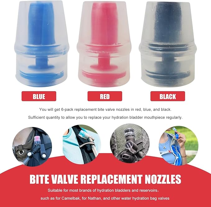 6pcs Multicolor Replacement Bite Nozzles for Osprey/Nathan & Hydrapak Hydration Reservoirs - Lead-Free Silicone Sheaths