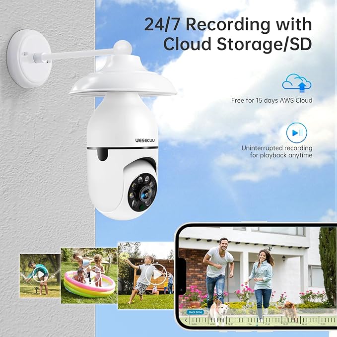 WESECUU 3K Light Bulb Security Camera -5G& 2.4GHz WiFi Security Cameras Wireless Outdoor Motion Detection and Alarm,Two-Way Talk,Color Night Vision,Human Detection, 500MP Ultra HD