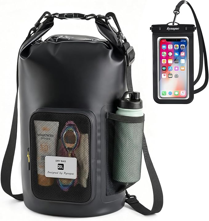 20L Waterproof Dry Bag with Bottle Holder & Mesh Pocket, 500D PVC Tarpaulin Roll Top Dry Sack with Inner Waterproof Adsorption Film, Large Dry Storage Bag for Kayaking, Camping, Beach, Boating