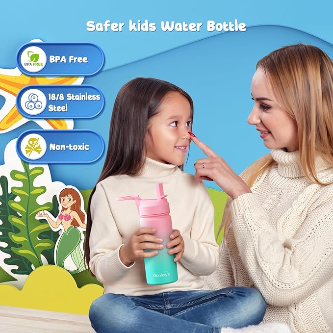 Kids Water Bottle, 16oz Kids Water Bottle with Stickers for School, insulated Stainless Steel Straw Cup(Pink/Green)