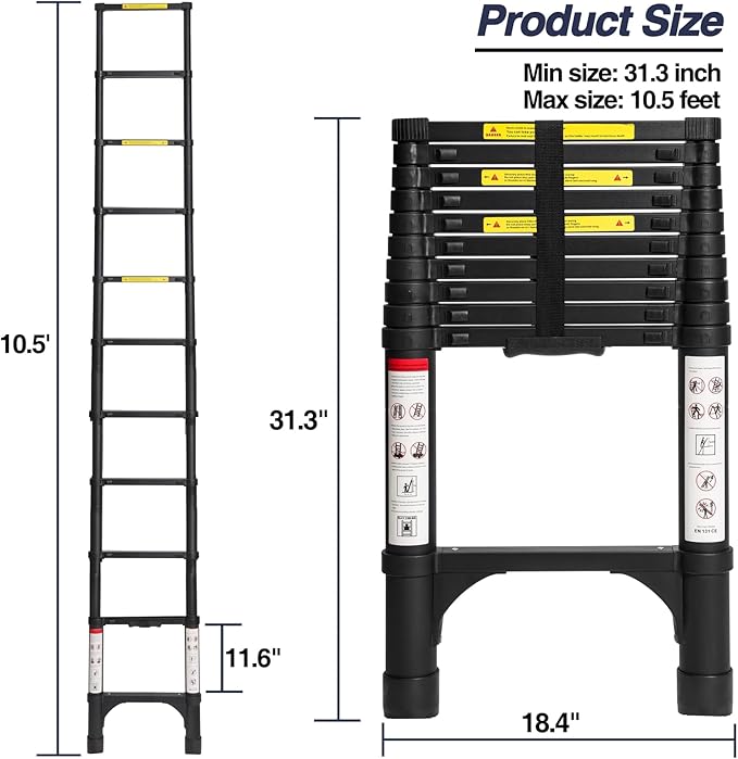 BOCOM 10.5 FT Aluminum Telescoping Ladder, Lightweight Multi-Purpose Collapsible Extension with 2 Triangle Stabilizers, Heavy Duty 330 lbs Max Capacity, Ideal for Home, RV, and Outdoor Work Black