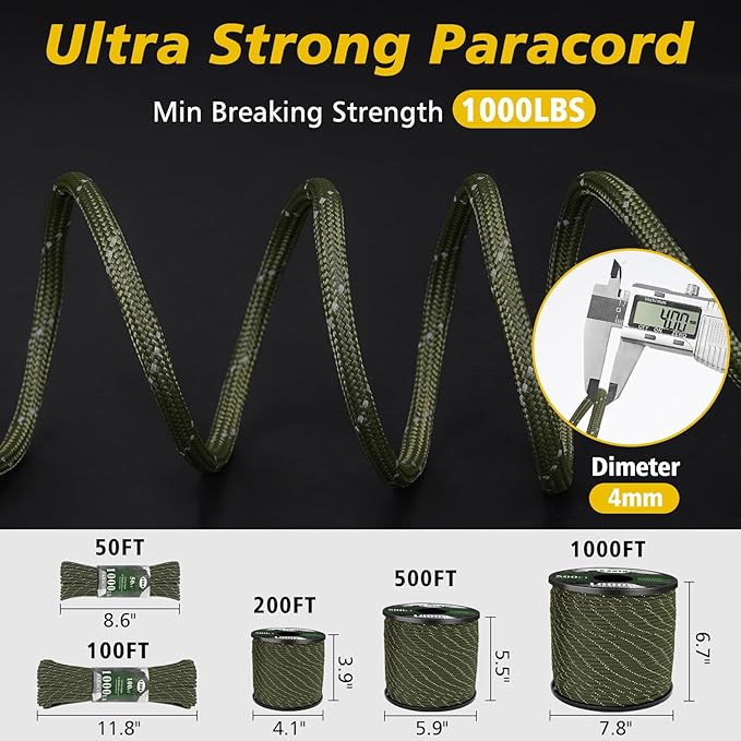 X XBEN Paracord Reflective 1000lb, 50/100/200/500/1000ft 4mm, 13 Strand Parachute Spool Cord, Heavy Duty Paracord Rope for Camping, Fishing, Hiking, Hunting, DIY Crafts, Red
