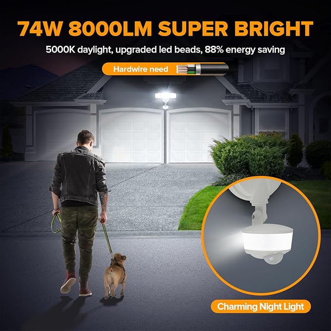 LUTEC 2 Pack 74W 8000 Lumen Motion Sensor Outdoor Lights, 5000K Daylight, IP65 Waterproof Flood Lights Outdoor with Night Light, Dusk to Dawn Motion Detector LED Security Light for Garage, Yard-White