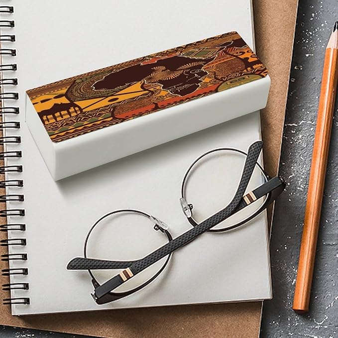 African Map Ethnic Pattern Eyeglass Case Spectacle Case Slim PU Leather Eyeglass Case for Men Women Lightweight Protective Eyewear Storage with Cleaning Cloth