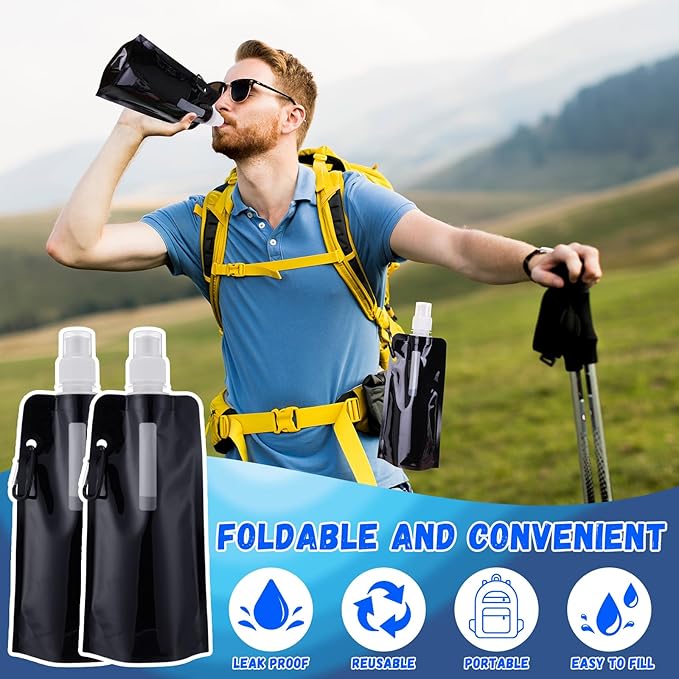 Teenyyou 48 Pack Collapsible Water Bottles Bulk 16oz Foldable Water Bottles with Carabiner Reusable Drinking Leak Proof Container Bags for Sport Biking Hiking Camping Travel Outdoor (Black)