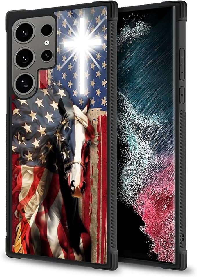 for Samsung Galaxy S24 Ultra Case, Red American Flag Horse Cross Pattern Graphic Design Girl Boy Soft Silicone Hard Acrylic Shock Protection for Samsung Galaxy S24 Ultra