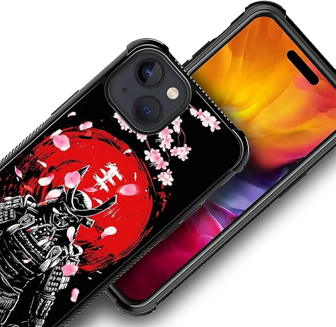 for iPhone 15 Plus Case, Sakura Japanese Samurai Pattern Graphic Design Girl Boy Soft Silicone Hard Acrylic Shock Protection for iPhone 15 Plus