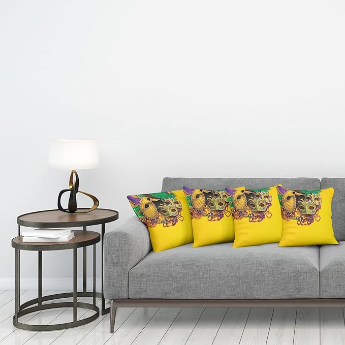 Ambesonne Mardi Gras Decorative Throw Pillow Case Pack of 4, Colorful Group of Venetian Carnivals Accessories, Cushion Cover for Couch Living Room Car, 24", Purple Yellow