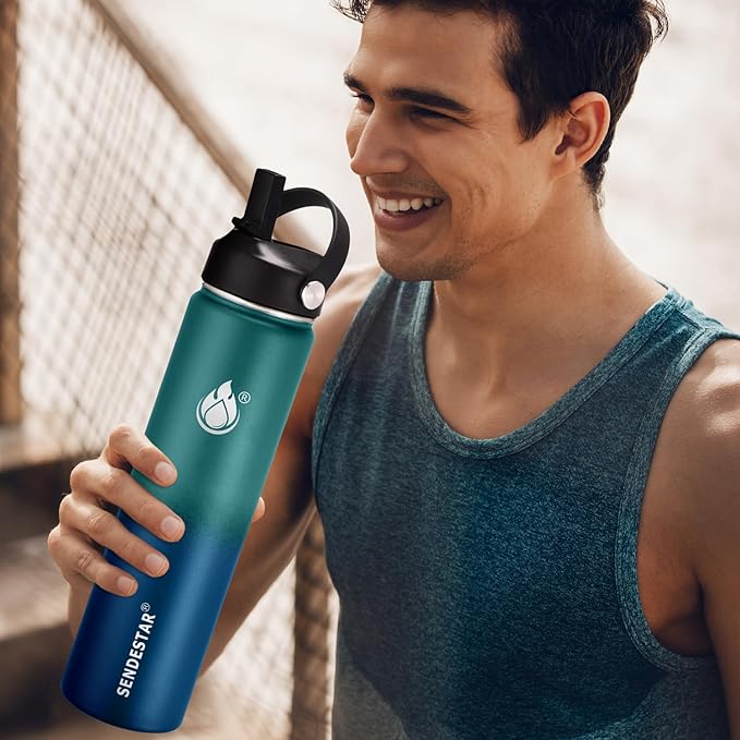 Insulated Water Bottle 32 oz with Straw, Stainless Steel Wide Mouth Water Bottle, Double Wall Vacuum Leak Proof with Straw Lid & Spout Lid for Sports or Office, Keep Cold or Hot Up to 24 Hrs