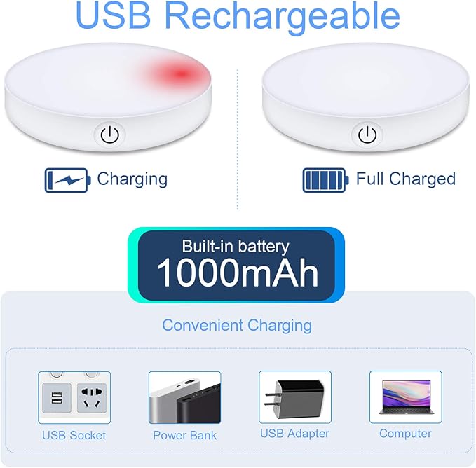 Ferswe Dimmable Touch Lights, 3000K Rechargeable Tap Light with 1000mAh Large Battery, Stick on Lights for Closet, Cabinet, Shelf, Wall and Desk(2 Pack)