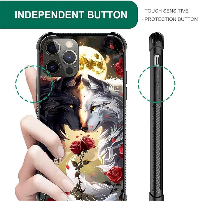 for iPhone 11 Pro Case, Black White Wolf Moon Flower Rose Pattern Made of Soft Silicone Hard Acrylic Shock Protection for iPhone 11 Pro