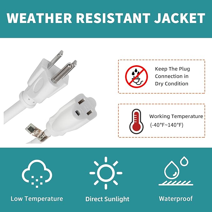 Indoor/Outdoor Extension Cord, 16 Gauge 15FT White 3 Prong Heavy Duty, Weatherproof, UL Certified, 16/3 SJTW 13A Power Cord for Outdoor Lights, Appliances, Lawn
