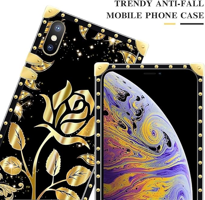 Compatible with iPhone XR Case, Shine Gold Rose Luxury Golden Decoration for Girl Women Soft TPU Shockproof Protective Hard PC Back for iPhone XR