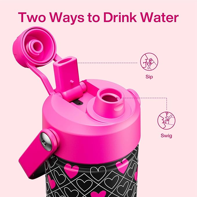 ENCOOL Valentine's Day Insulated Water Bottle with Straw Stainless Steel Water Bottle, Leak-Proof, BPA-Free, Keeps Cold for 24 Hours for Sports, Travel, School (26 oz, Bold Hearts Ember x Black)