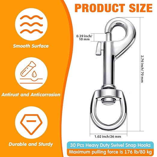 Therwen Swivel Snap Hooks - 2.76 Inch Flag Hooks, Multipurpose Bolt Snap for Keychain, Camera Strap, Pet Leash (30)