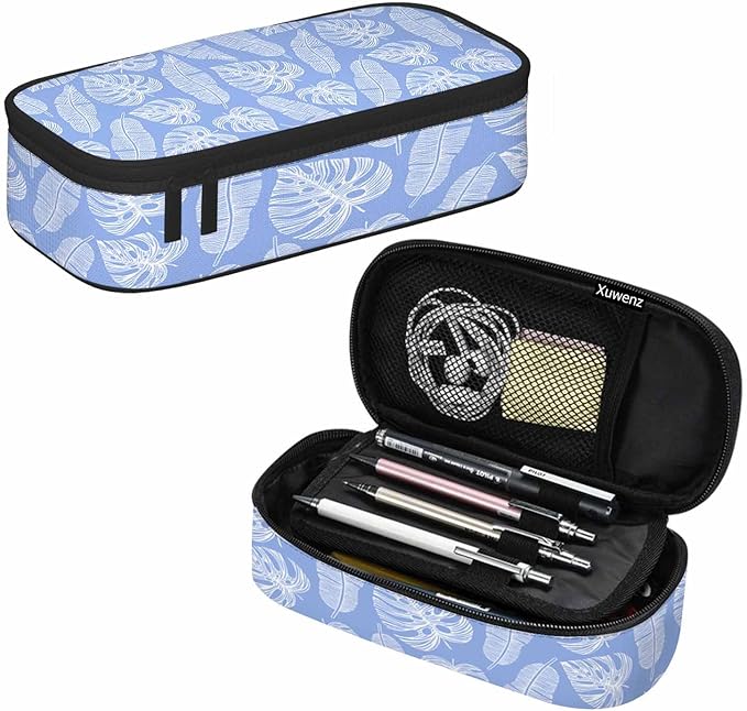 Blue Leaves Pencil Case Tropical Palm Summer Nature Tree Exotic Pencil Bag Pen Markers Pouch Holder Organizer for Boy Girl School Students
