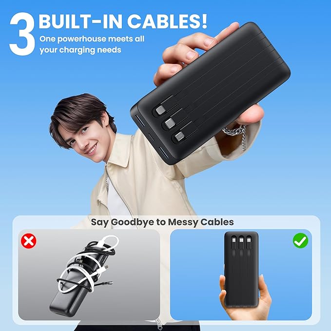 Portable Charger 60800mAh Power Bank with 3 Built in Cables,25W PD QC4.0 Fast Charging USB C Battery Pack,6 Outputs 2 Inputs LCD Display Portable Phone Charger for iPhone 16/15/14/13,Google,Android