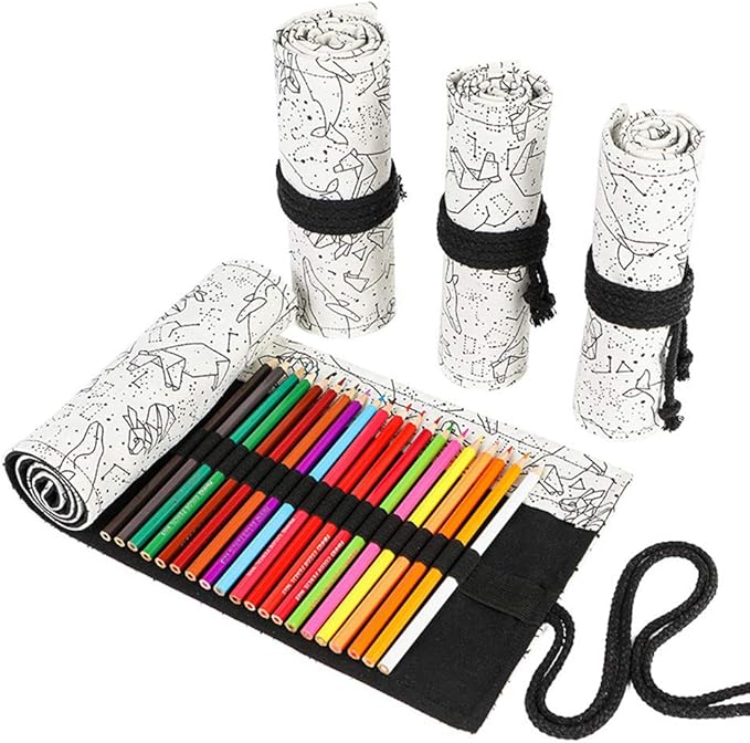 Funny live 24/36/48/72 Slots Colored Pencil Wrap Roll up Pen Holder Case Drawing Coloring Pencil Roll Organizer Stationery Case for Student Artist Traveler (Abstract Lines, 48 Slots)