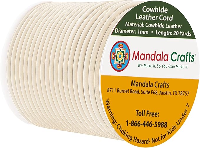 Mandala Crafts Round Genuine Cream Leather Cord for Jewelry Making – 1mm Cowhide Leather Rope String Lace for Kumihimo – 20 Yards Cowhide Craft Cording Spool