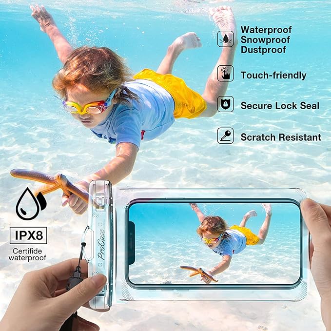 ProCase 2 Pack Waterproof Phone Pouch, Underwater Phone Case Up to 7", Dry Bag for iPhone 17 Air 16 15 14 13 Pro Plus Max, Galaxy S24 S23 S22 Ultra Pixel, Beach Essentials -Clear