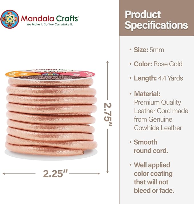 Mandala Crafts Round Genuine Rose Gold Leather Cord for Jewelry Making – 5mm Cowhide Leather Rope String Lace for Kumihimo – 4.4 Yards Cowhide Craft Cording Spool