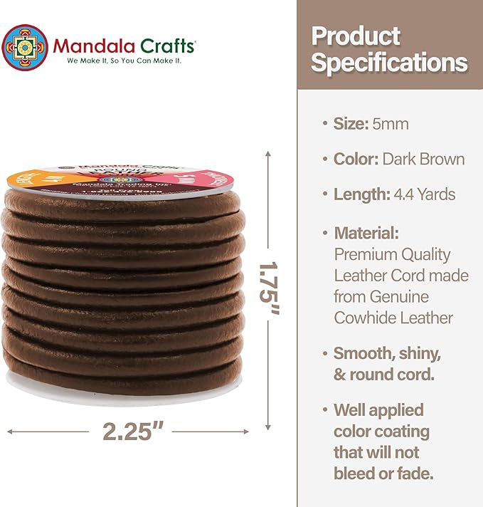 Mandala Crafts Round Genuine Dark Brown Leather Cord for Jewelry Making – 5mm Cowhide Leather Rope String Lace for Kumihimo – 4.4 Yards Cowhide Craft Cording Spool