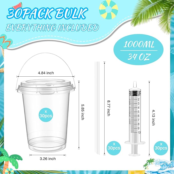 30 Sets 34 oz Drink Buckets with Lids and Straws, Disposable Clear Plastic Party Cups with Handles for Rum, Iced Coffee, Smoothies, Milkshakes, Sturdy Beverage Tubs for Pool Beach and Outdoor Parties