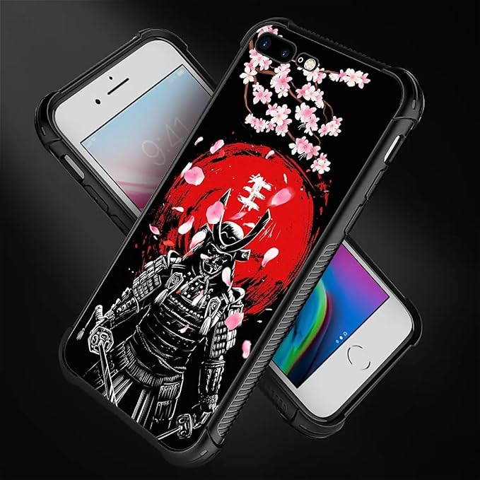 for iPhone 7/8 Case, Sakura Japanese Samurai Pattern Graphic Design Girl Boy Soft Silicone Hard Acrylic Shock Protection for iPhone 7/8