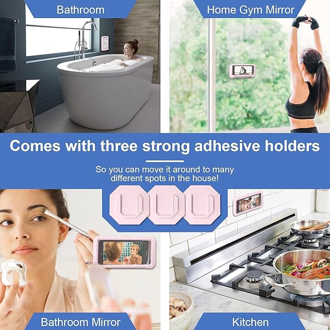 URROY Shower Phone Holder Waterproof, 360° Rotation Shower Phone Case, Anti-Fog High Sensitivity Universal Cover Mount Stand for Bathroom Wall Mirror Bathtub Kitchen, Gift for Men Women Pink