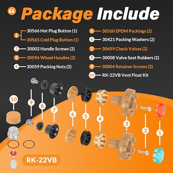 RK-22PRV Repair Kit Metal Handle Replacement for Woodford Model 22 and V22 Outdoor Wall Faucets, Round Handle w/RK-22VB Vent Float Kit (24Pcs)