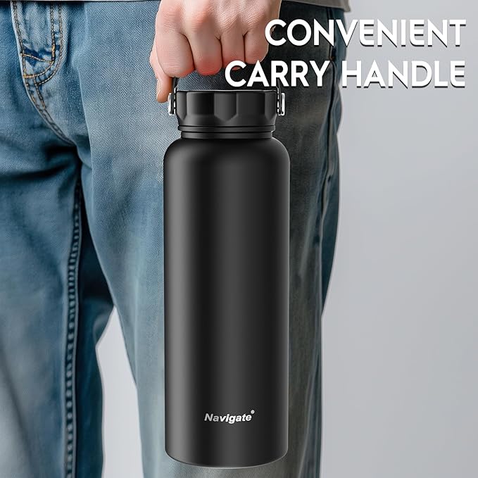 Navigate 40 oz Insulated Stainless Steel Sports Water Bottle with Spout & Handle Lids,Wide Mouth Water Jug with Double Walled Leak Proof Keep Cold for 24 Hrs Hot for 12 Hrs,Black