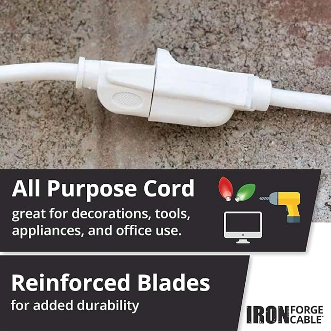 Iron Forge Cable Weatherproof 20 Ft Outdoor Extension Cord - 16/3 SJTW Heavy Duty White Extension Cord 20ft 3 Prong - 13 Amp Exterior Power Cable