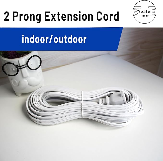 50FT White Extension Cord,2 Prong Extension Cords Indoor,16 Gauge SPT-2 Flat Power Cable,Lightweight Design for Yard, Garden,Lights,ETL Listed(13A 125V)